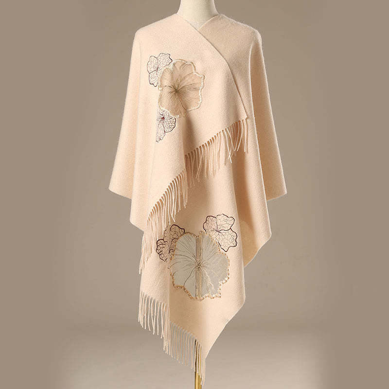 Wool Shawl Lotus Leaf Embroidery Tassel Winter Cozy Travel Scarf Wrap
