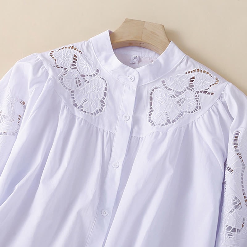Casual Embroidery Flower Hole Design Three Quarter Sleeve Cotton Linen Women's Shirt