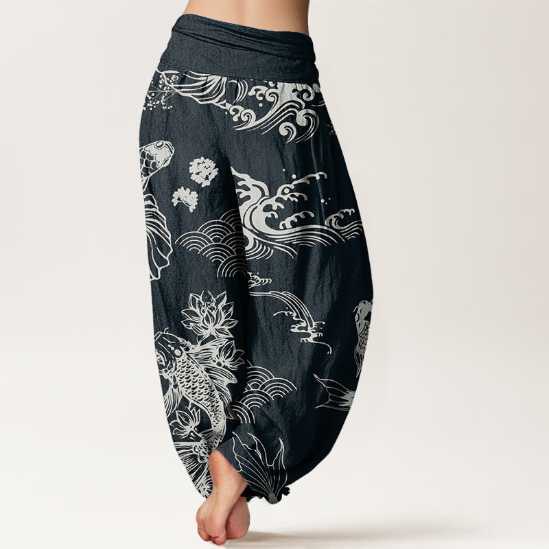 Koi Fish Waves Lotus Flowers Design Women's Elastic Waist Harem Pants