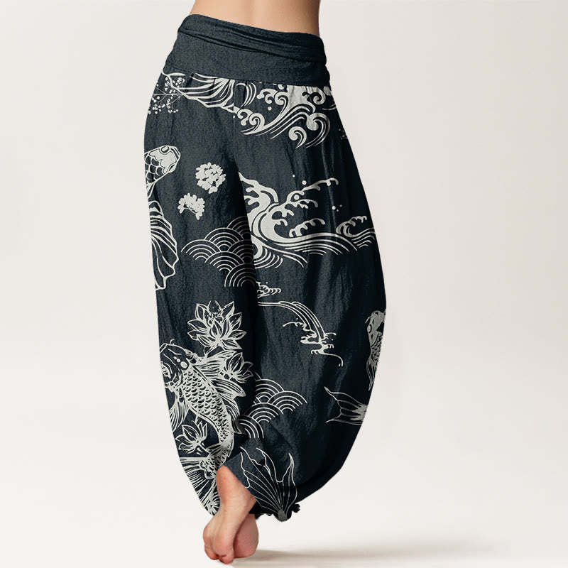 Koi Fish Waves Lotus Flowers Design Women's Elastic Waist Harem Pants