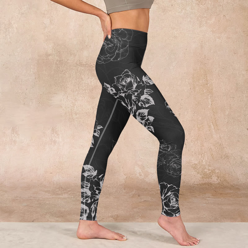 Gray Peony Rose Flower Sketch Print Gym Fitness Leggings Women's Yoga Pants