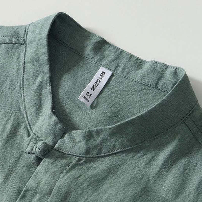 Daily Frog-Button Stand Collar Short Sleeve Linen Men's Shirt