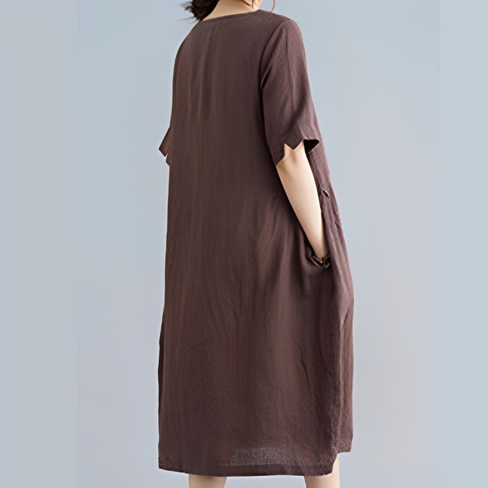 Casual Loose Solid Color Cotton Linen Crew Neck Half Sleeve Design Midi Dress With Pockets