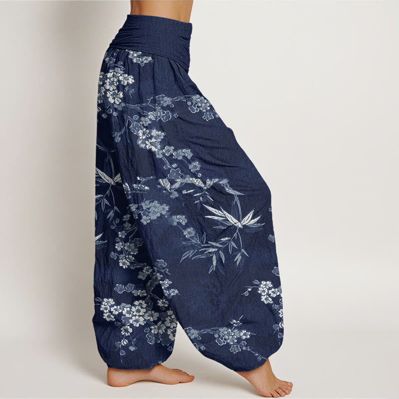 White Sakura Flower Pattern Women's Elastic Waist Harem Pants