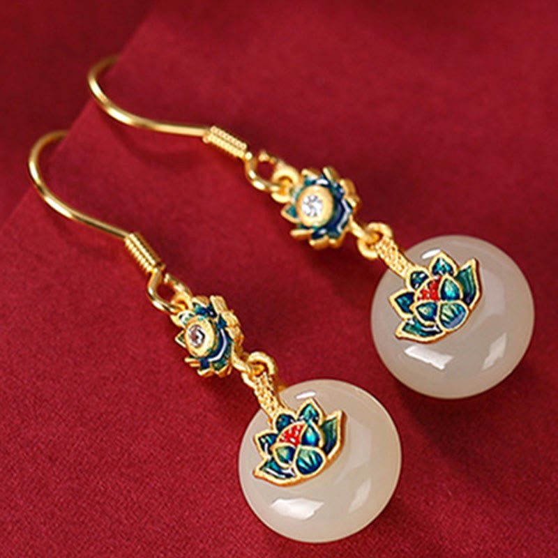 925 Sterling Silver Plated Gold Hetian Jade Lotus Luck Ring Earrings Set