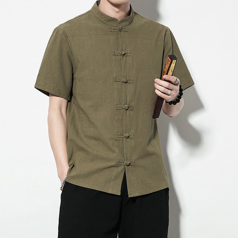 Casual Solid Color Front Frog Buttons Chinese Tang Suit Short Sleeve Linen Men's Shirt