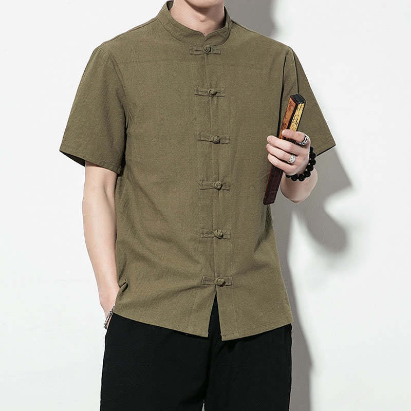 Casual Solid Color Front Frog Buttons Chinese Tang Suit Short Sleeve Linen Men's Shirt