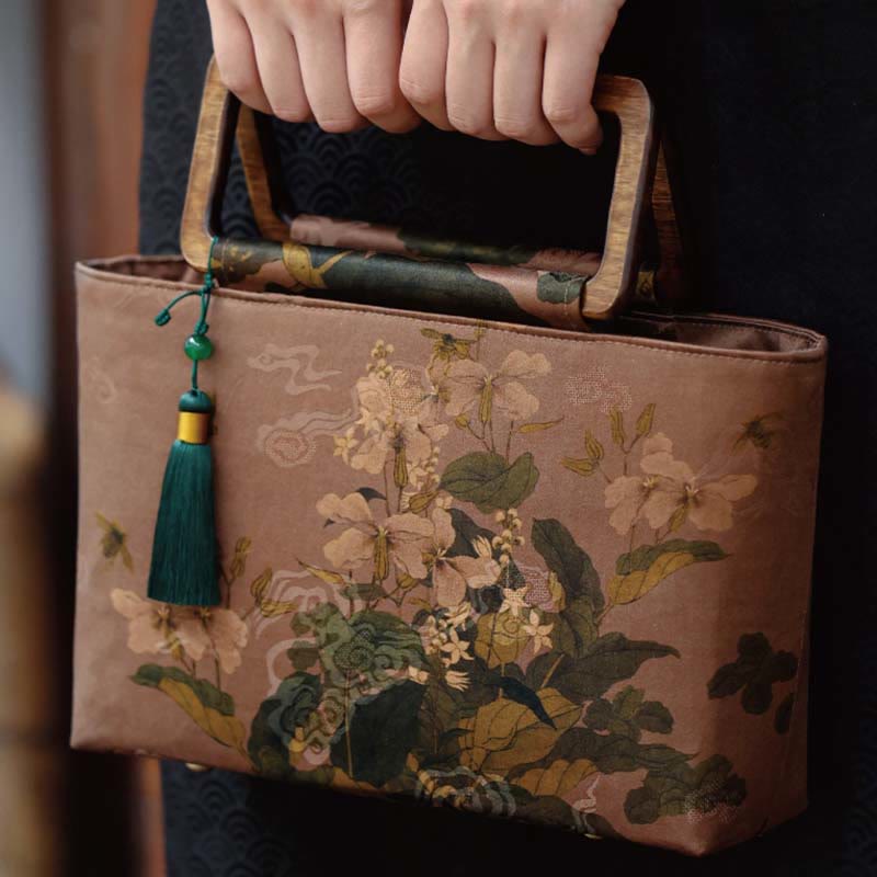 Vintage Brown Flowers Green Bamboo Leaves Wood Handles Zipper Handbag