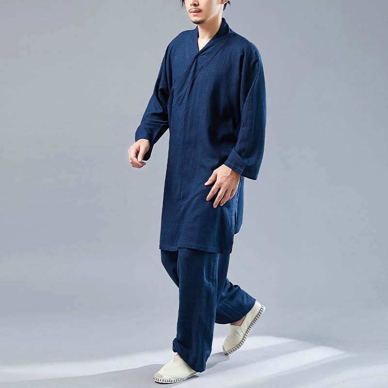 2Pcs V-Neck Men's Long Sleeve Shirt Top Pants Meditation Zen Tai Chi Cotton Linen Clothing Set