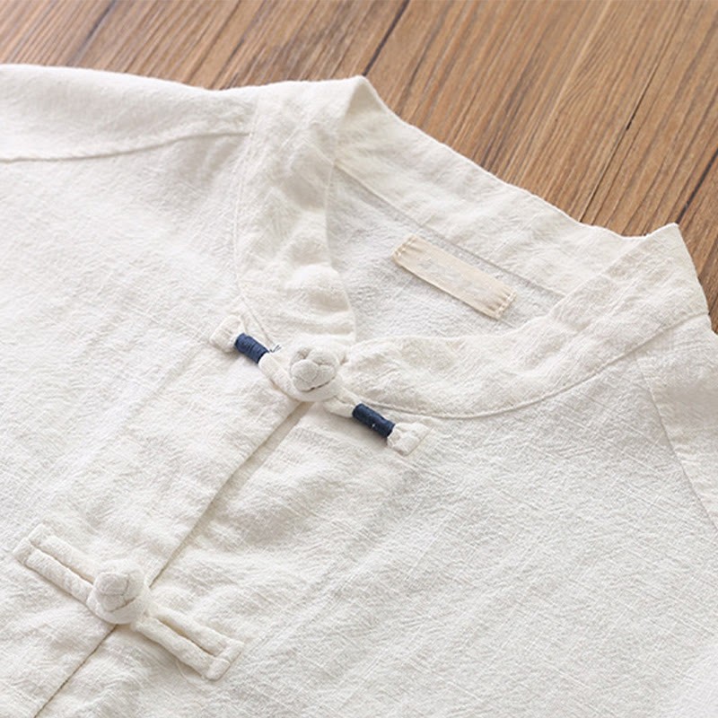 Solid Color Frog-button Long Sleeve Linen Women's Shirts With Pockets