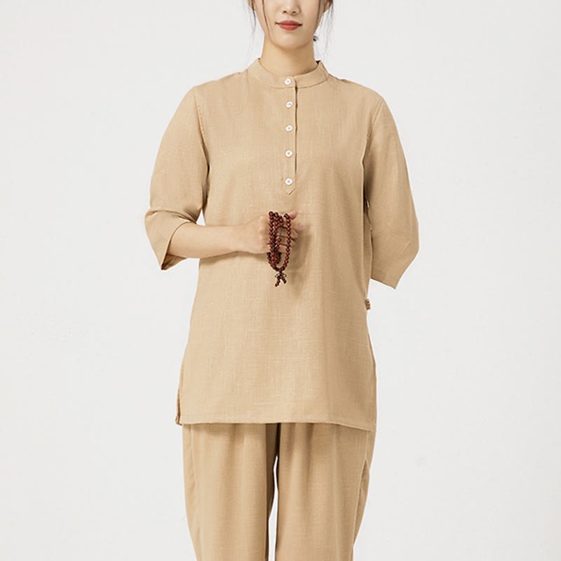2Pcs Solid Color Three Quarter Shirt Top Pants Meditation Zen Tai Chi Cotton Linen Clothing Women's Set