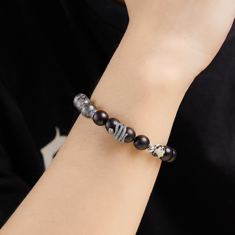 Ebony Wood Black Rutilated Quartz 925 Sterling Silver Year Of The Snake Balance Bracelet