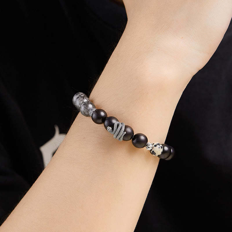 Ebony Wood Black Rutilated Quartz 925 Sterling Silver Year Of The Snake Balance Bracelet