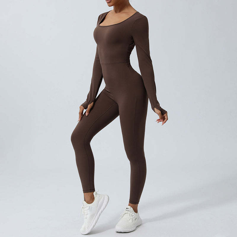 Women Long Sleeve Backless Jumpsuit Sports Fitness Yoga Bodysuit