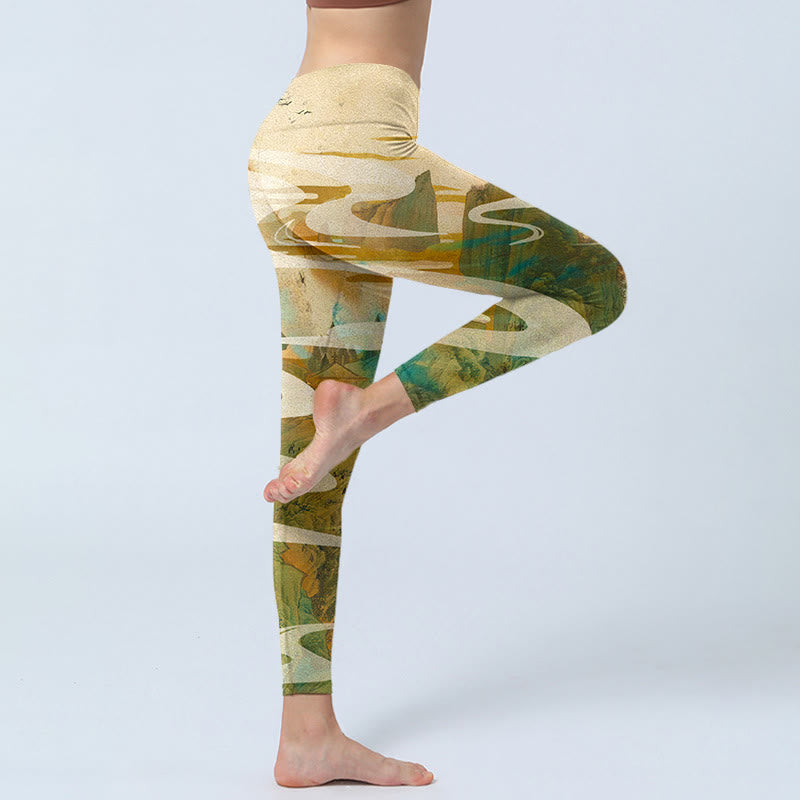 Green Mountains Clouds Mist Print Fitness Leggings Women's Yoga Pants