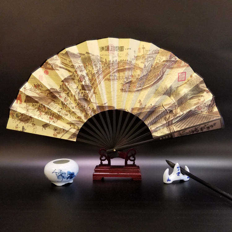 Great Wall Mountains Trees Crane Bamboo Handheld Bamboo Folding Fan 33.5cm