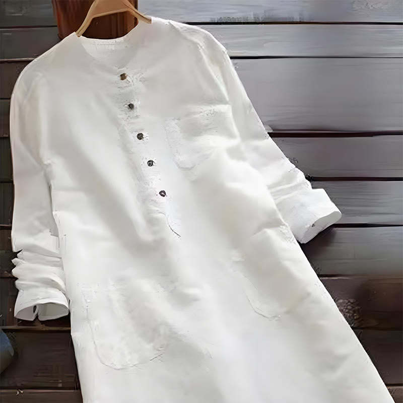 Solid Buttons Long Sleeve Cotton Linen Women's Shirt Dress With Pockets