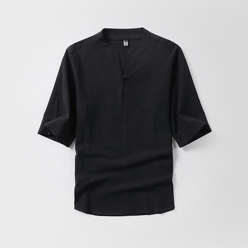 Casual Plain Color One Button Three Quarter Sleeve Cotton Linen Men's Shirt
