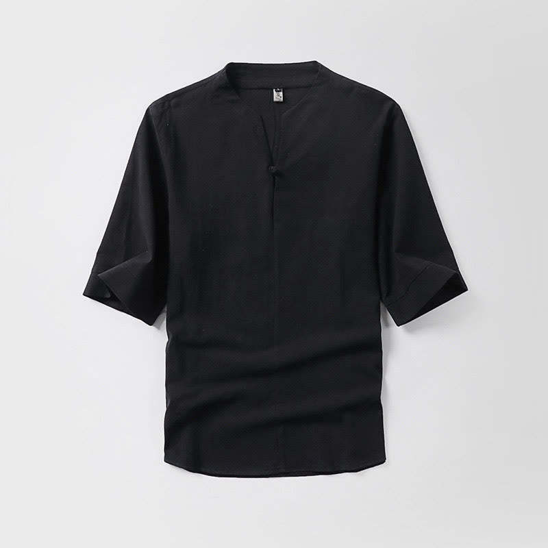 Casual Plain Color One Button Three Quarter Sleeve Cotton Linen Men's Shirt