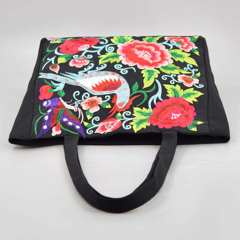 Galsang Magpie Peony Camellia Chrysanthemum Embroidery Canvas Shopping Purse Handbag Shoulder Bag