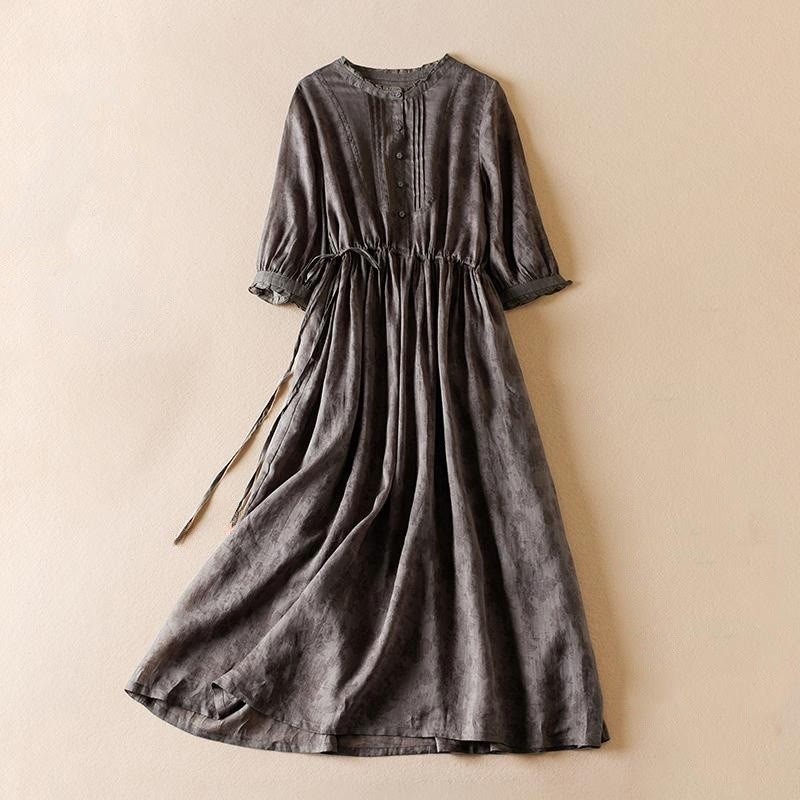 Casual Drawstring Design Short Sleeve Cotton Midi Dress With Pockets