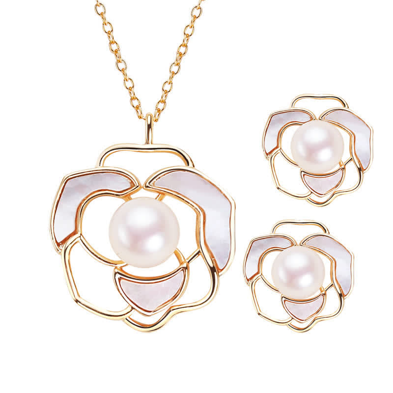 925 Sterling Silver Pearl Camellia Pattern Happiness Necklace Pendant Earrings