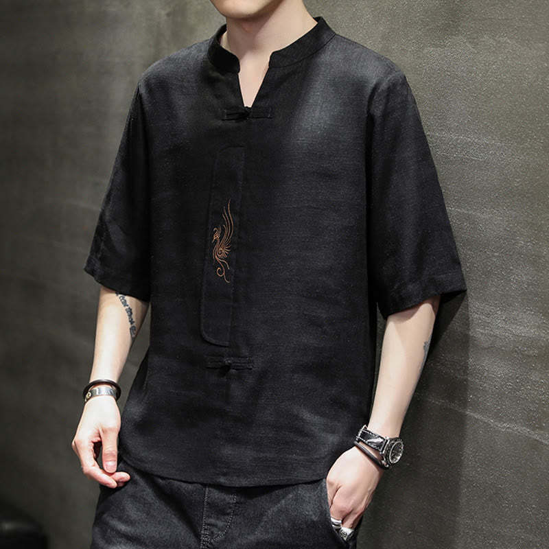 Frog-Button Phoenix Embroidery Chinese Tang Suit Short Sleeve Shirt Cotton Linen Men Clothing
