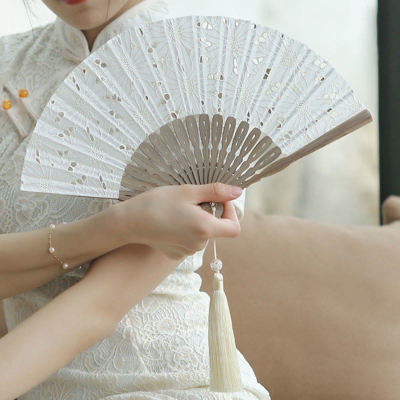 Solid Color Hollow Flowers Embroidery Cotton Fabric Handheld Bamboo Folding Fan