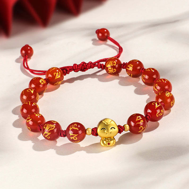 Red Agate Black Onyx Bead Copper Year Of The Snake Fu Character Om Mani Padme Hum Happiness Bracelet