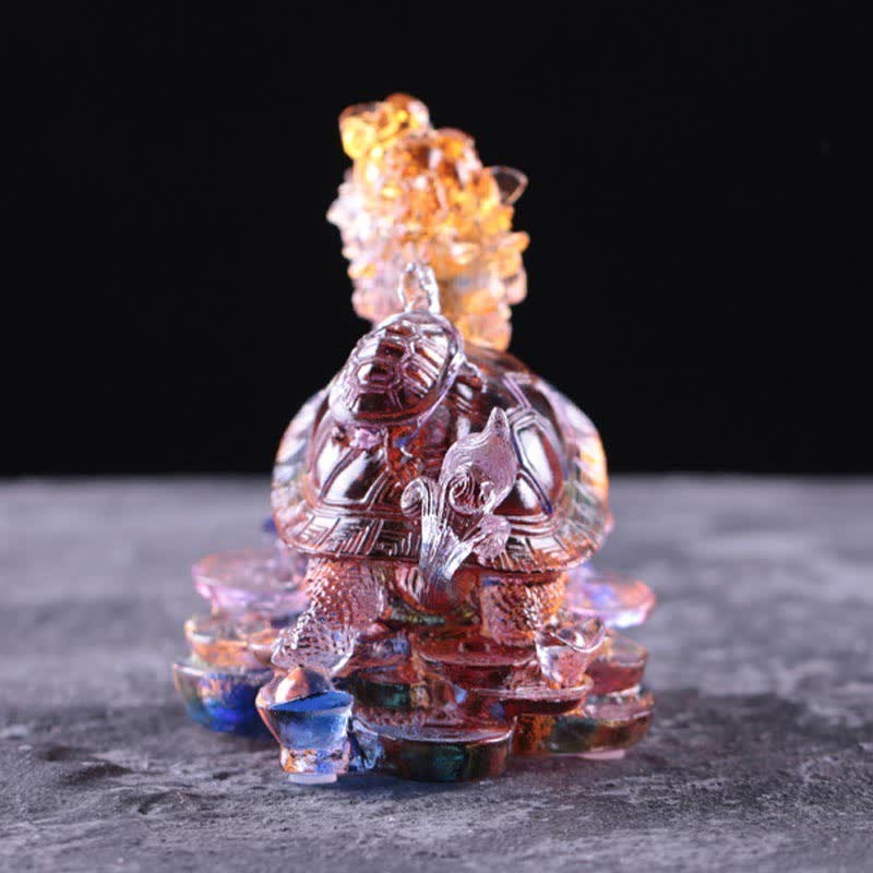 Feng Shui Dragon Turtle Coins Handmade Liuli Crystal Luck Art Piece Home Office Decoration