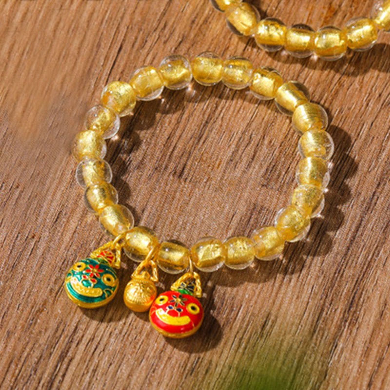 Gold Swallowing Beast Family Charm Gold Foil Liuli Glass Bead Fortune Bracelet
