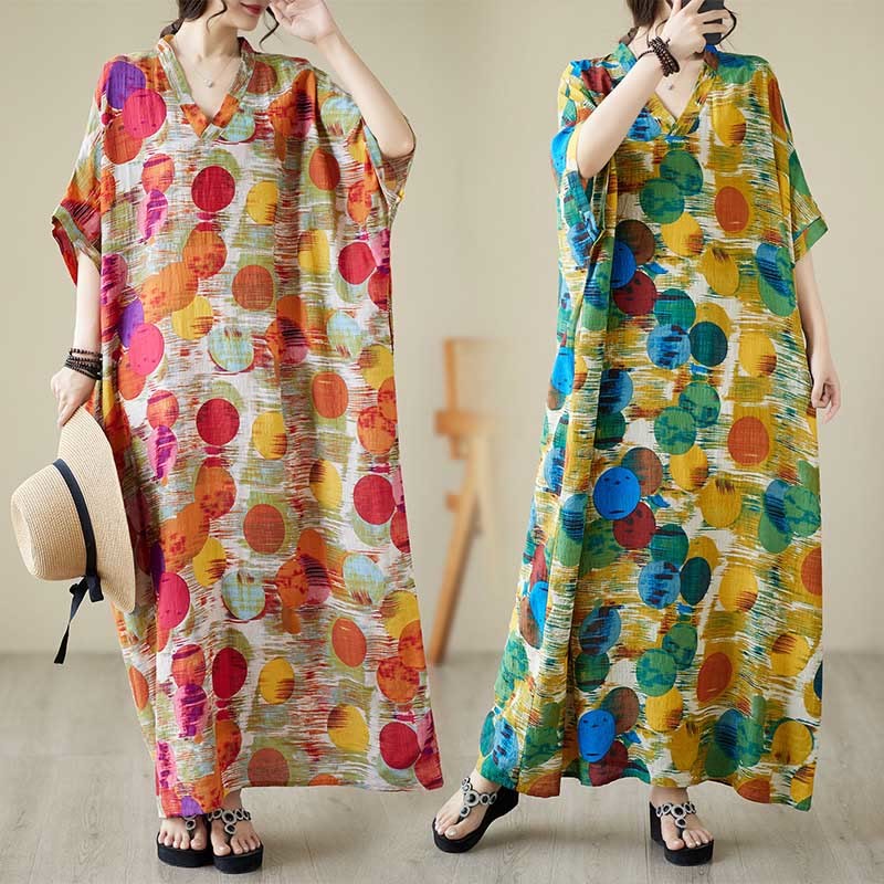 Orange Blue Colorful Polka Dots Midi Dress Cotton Half Sleeve Dress With Pockets