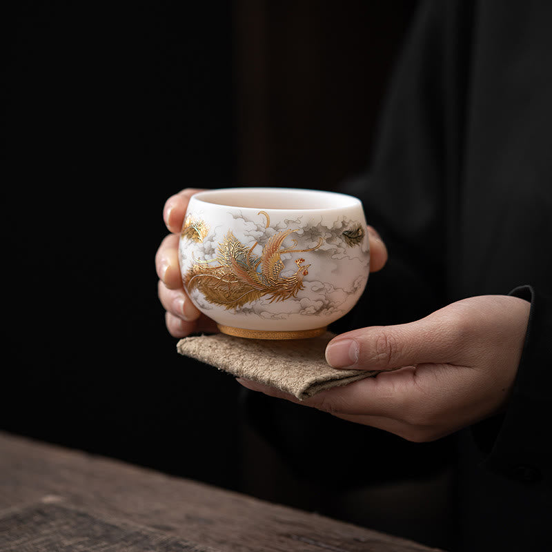 Phoenix Dragon Lotus Deer Ancient Building Koi Fish Ceramic Teacup Kung Fu Tea Cups