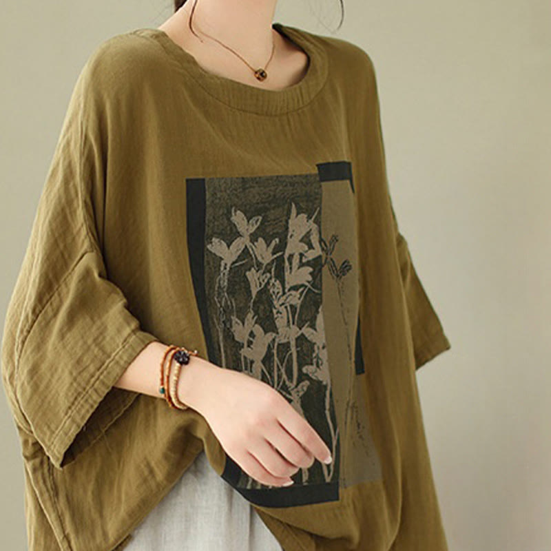Casual Flower Prints Women's Crew Neck Design Half Sleeve Cotton Spandex T-shirt