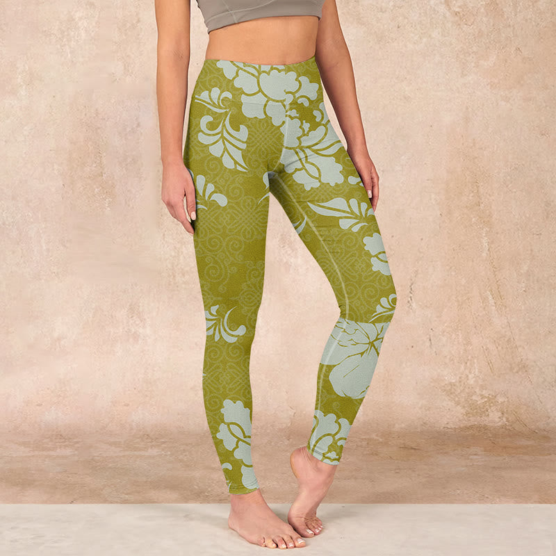 Monochrome Flowers Print Gym Leggings Women's Yoga Pants