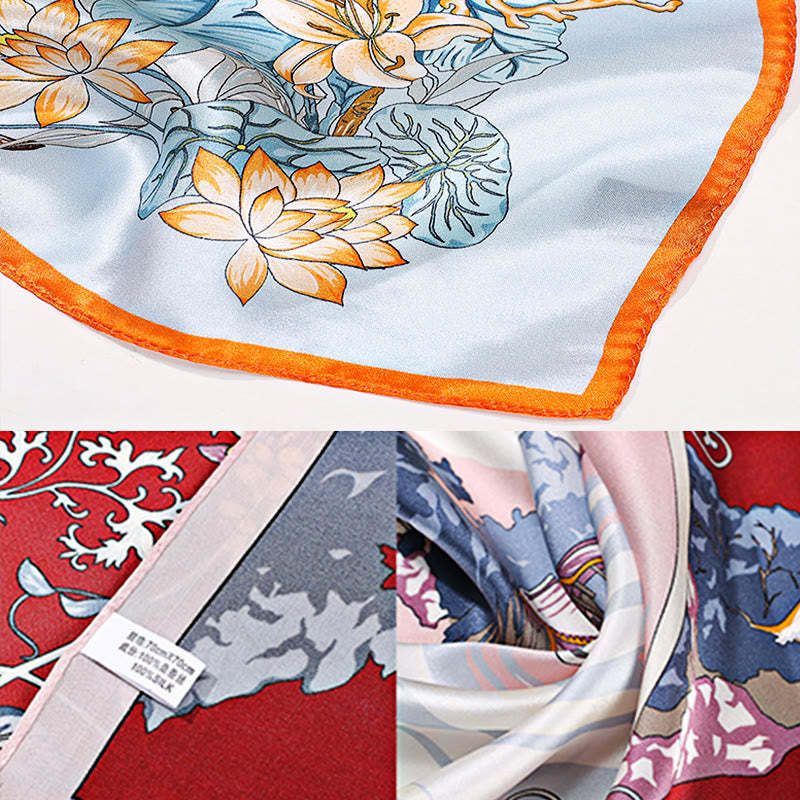 Pastoral Scene Hot Air Balloon Spring Blossom 100% Mulberry Silk Neck Hair Scarf