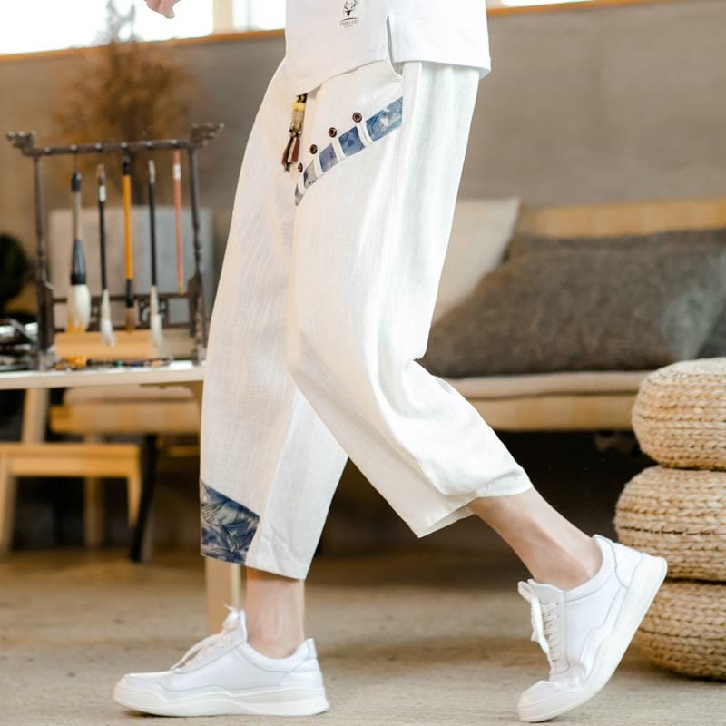 Patchwork Design Drawstring Cotton Men's Cropped Pants With Pockets
