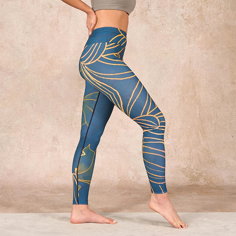 Gray Golden Koi Fish Lotus Print Gym Leggings Women's Yoga Pants
