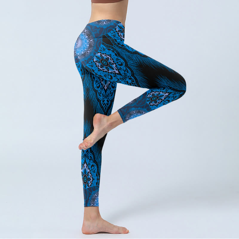 Blue Mandala Feathers Print Gym Leggings Women's Yoga Pants