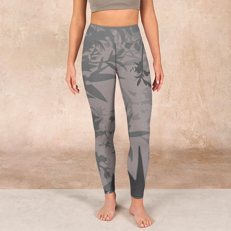 Gray Leaves Print Gym Leggings Women's Yoga Pants