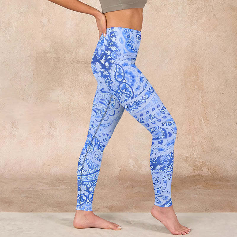 Persian Style RoyalBlue White Flowers Pattern Print Exercise Leggings Women's Yoga Pants