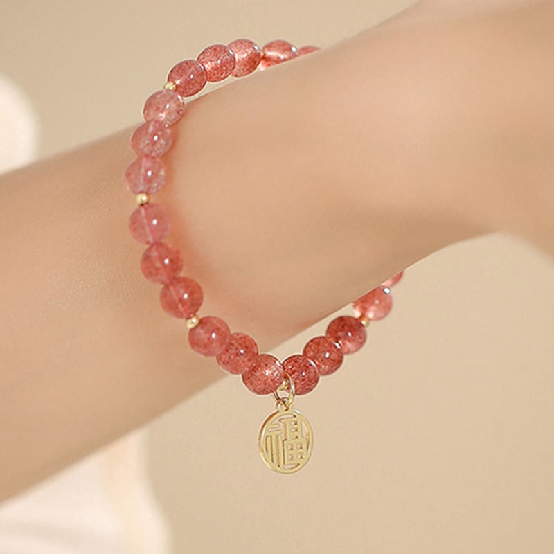 14K Gold Plated Strawberry Quartz Fu Character Healing Charm Bracelet