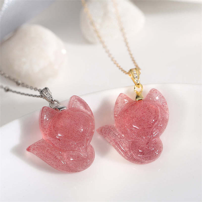 14k Gold Plated 925 Sterling Silver Strawberry Quartz Fox Healing Necklace Pendant