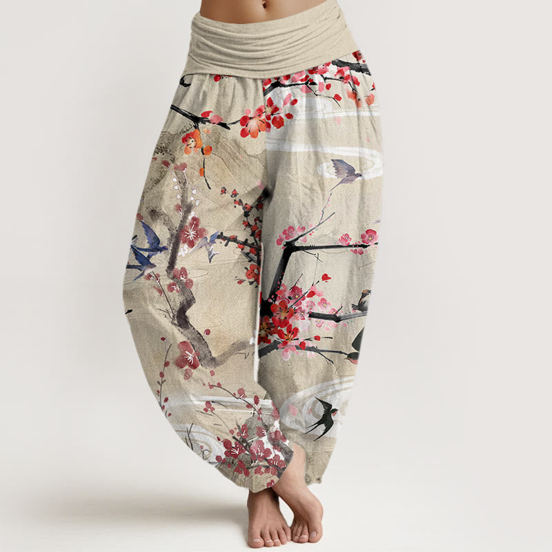 Casual Plum Blossom Bird Mountain Pattern Women's Elastic Waist Harem Pants