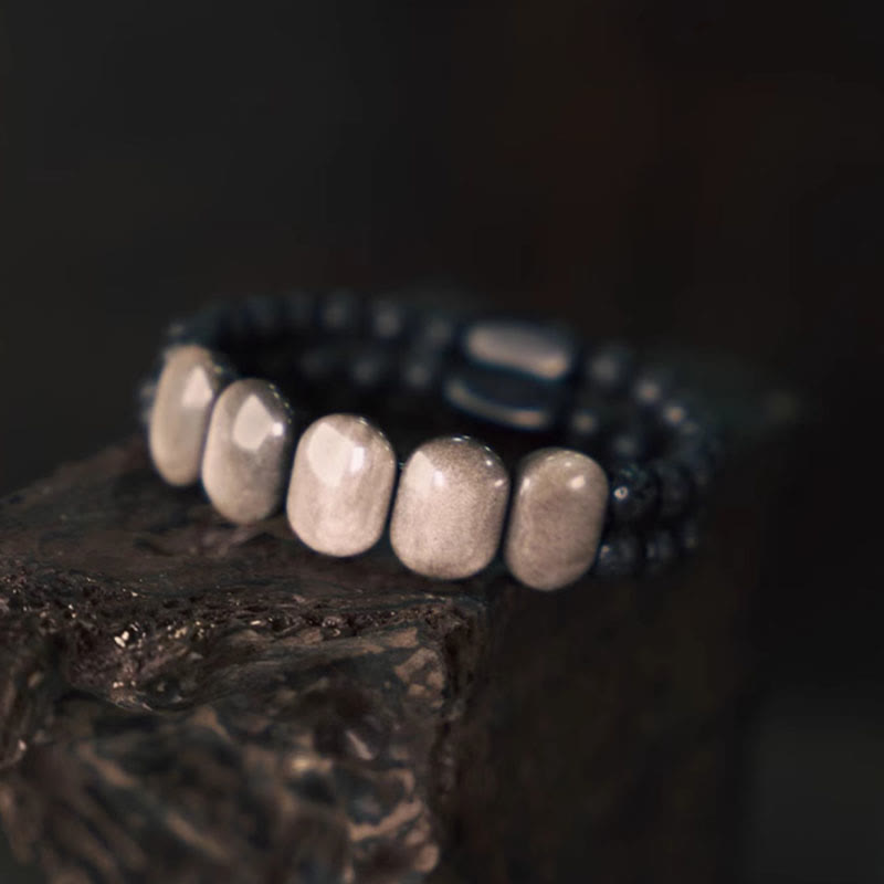 Natural Silver Sheen Obsidian Lava Rock Communication Bracelet