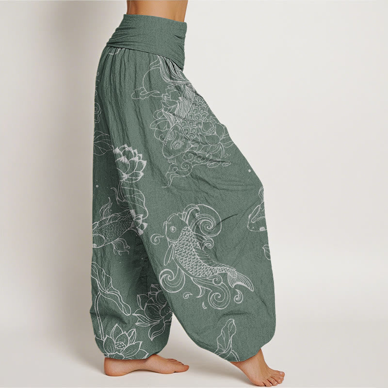 Koi Fish Auspicious Clouds Lotus Flowers Design Women's Elastic Waist Harem Pants