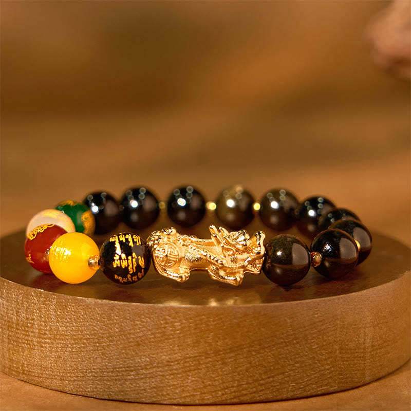 Natural Gold Sheen Obsidian PiXiu Five Directions Gods of Wealth Protection Bracelet
