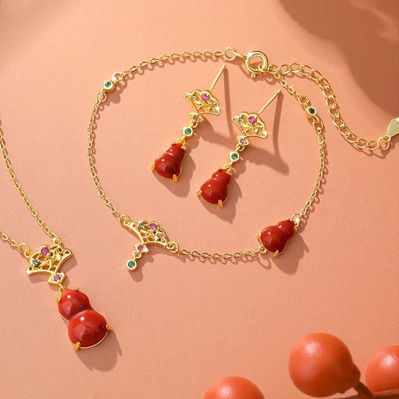 925 Sterling Silver Red Agate Gourd Auspicious Clouds Confidence Bracelet Necklace Pendant Earrings Set