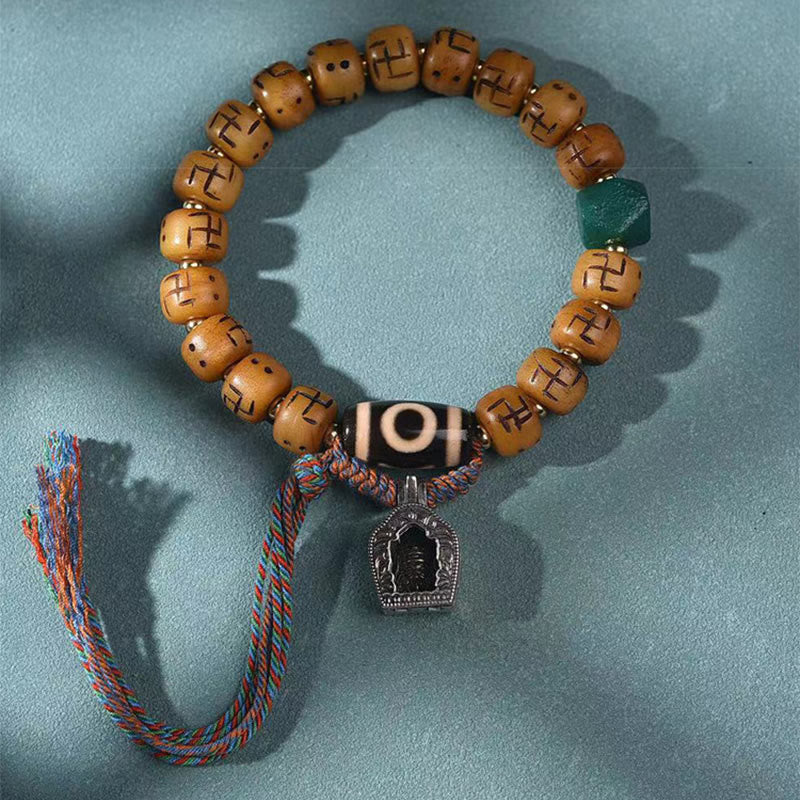 Natural Tibetan Camel Bone Swastika Dzi Bead Shankha mystic zen Charm Kirtimukha Luck Protection Tassel Bracelet