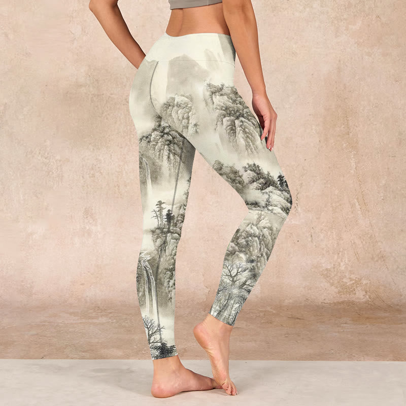 Mountain Tree River Scenery Print Sports Leggings Women's Yoga Pants